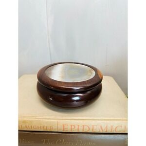 Vintage Brazilian Wood Trinket Box with Agate Stone Inlay Round Jewelry Dish